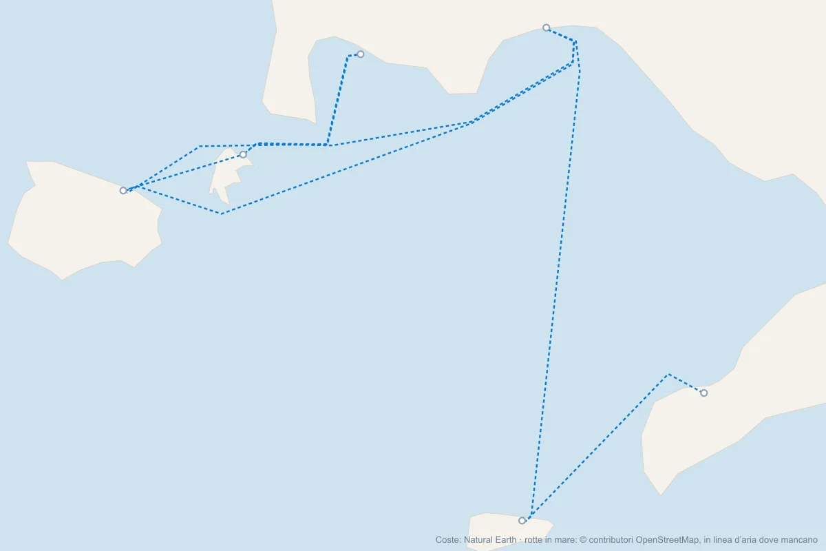 Mappa dei traghetti del Golfo di Napoli: da Napoli per Capri, Ischia e Procida, da Pozzuoli per Ischia e Procida, da Sorrento per Capri